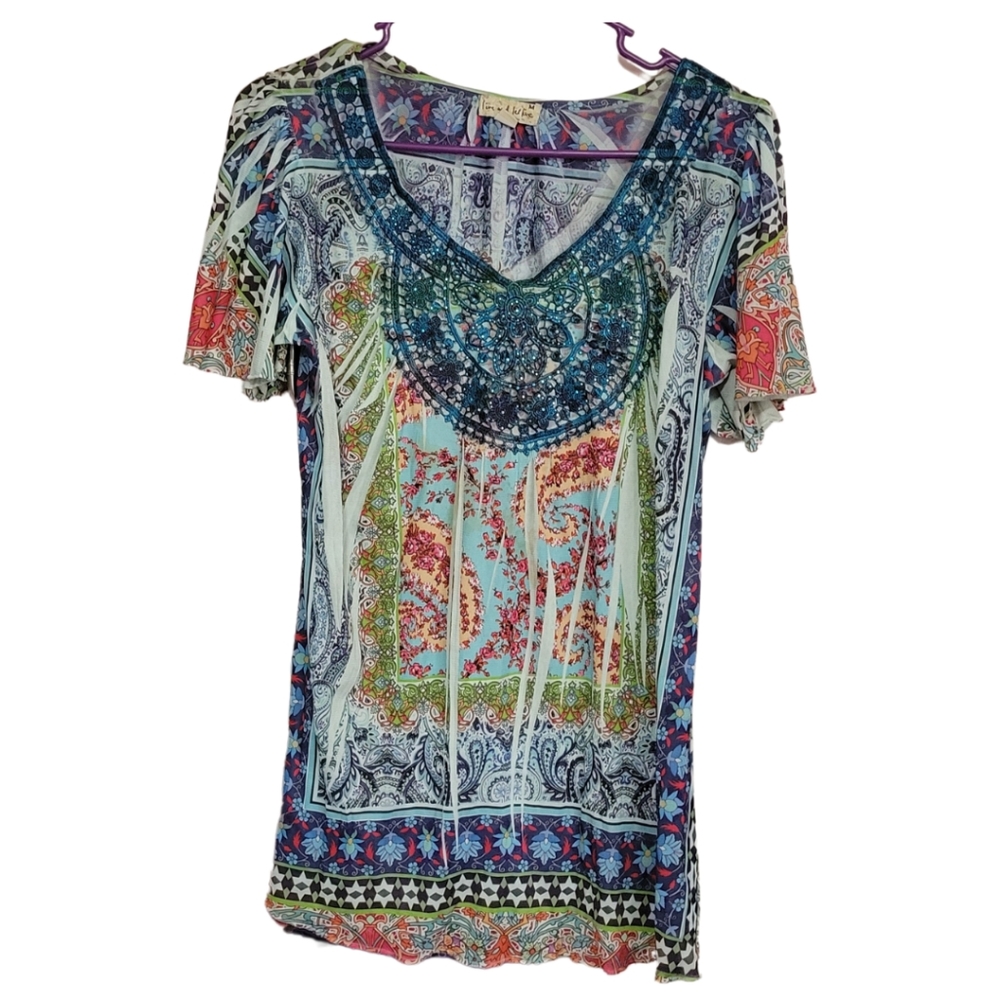 Beaded Medallion Flowy Bohemian Summer Top Size Medium